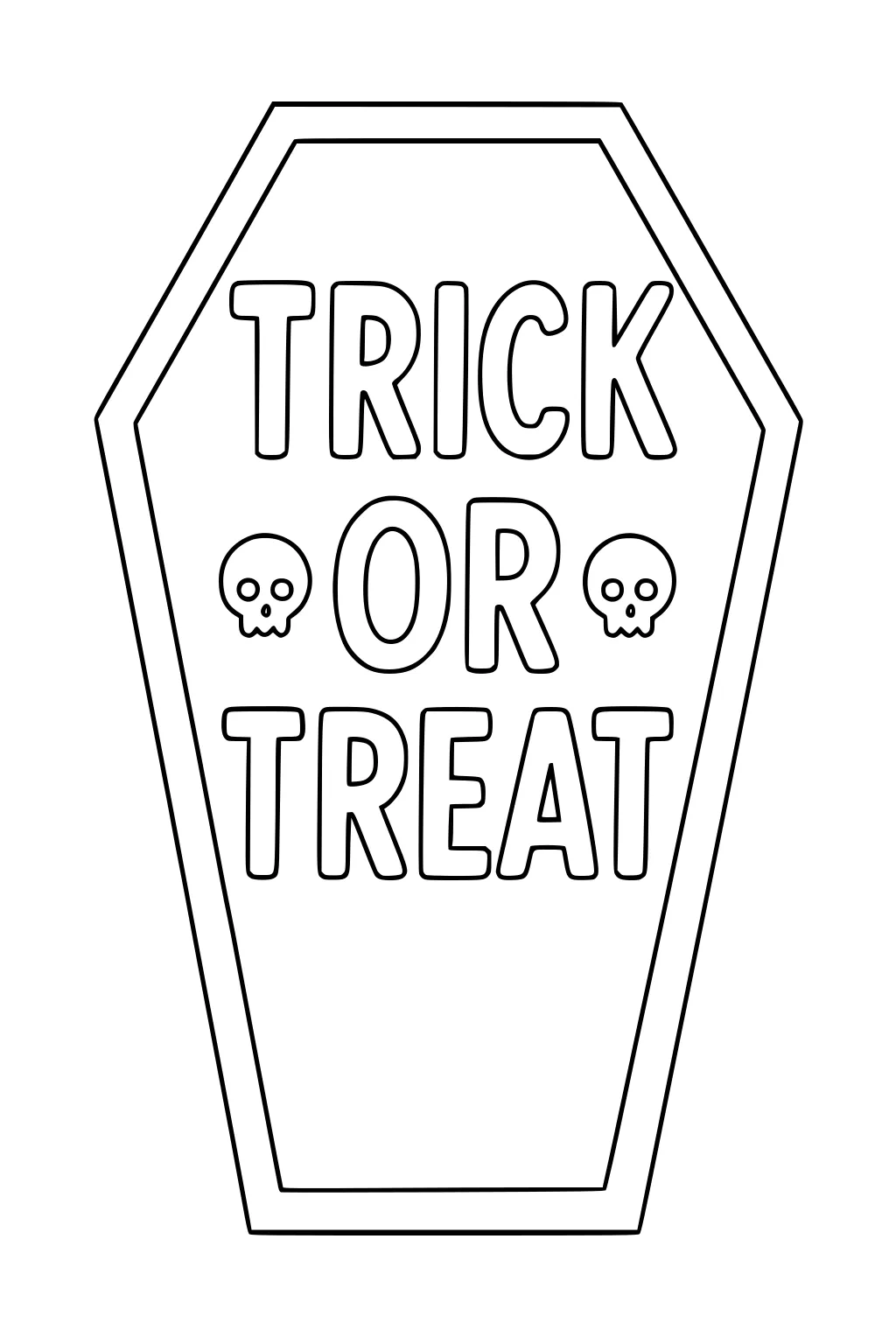 Coffin-shaped Halloween sign with bold TRICK OR TREAT letters and two small cartoon skulls, outlined in thick lines.