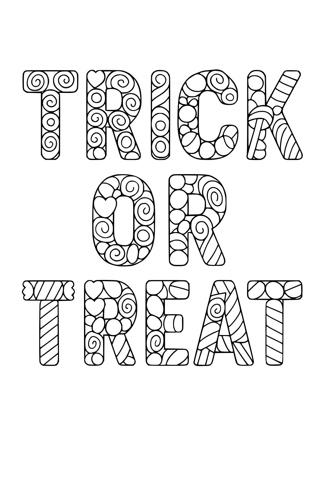 Trick or Treat in chunky patterned letters with swirls, hearts, dots, and candy-cane stripes, three stacked rows on a white page.