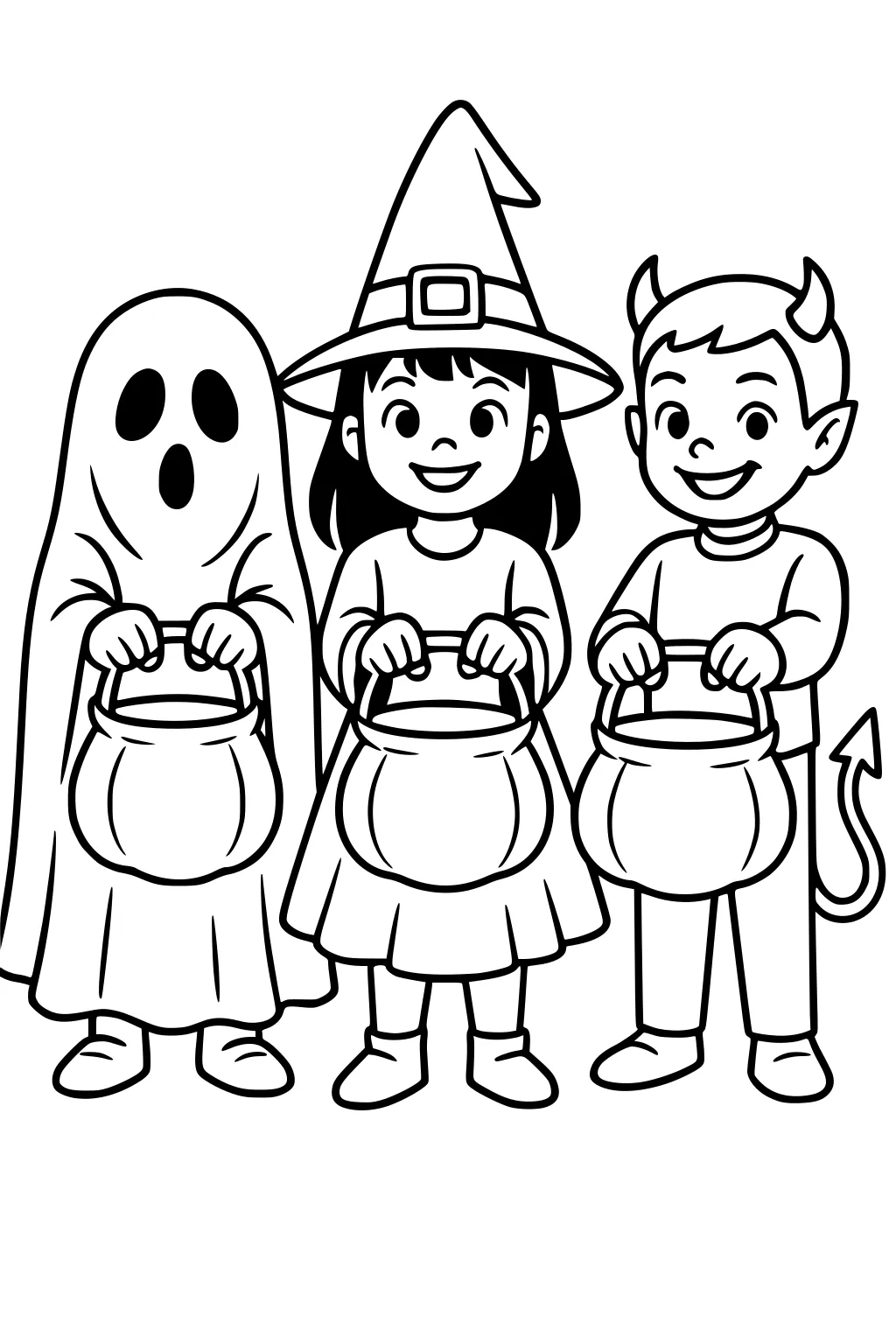 Three trick-or-treaters: sheet ghost, smiling witch girl in pointy hat, and devil boy with horns and tail, each holding pumpkin pail.
