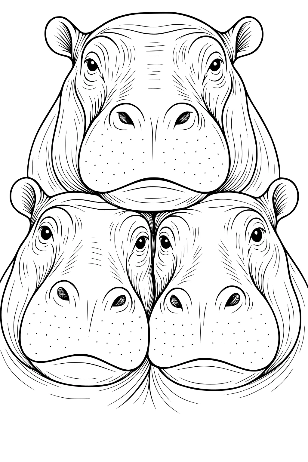 Three large hippo faces pressed together, showing round noses, nostrils, small ears, and detailed snout lines.