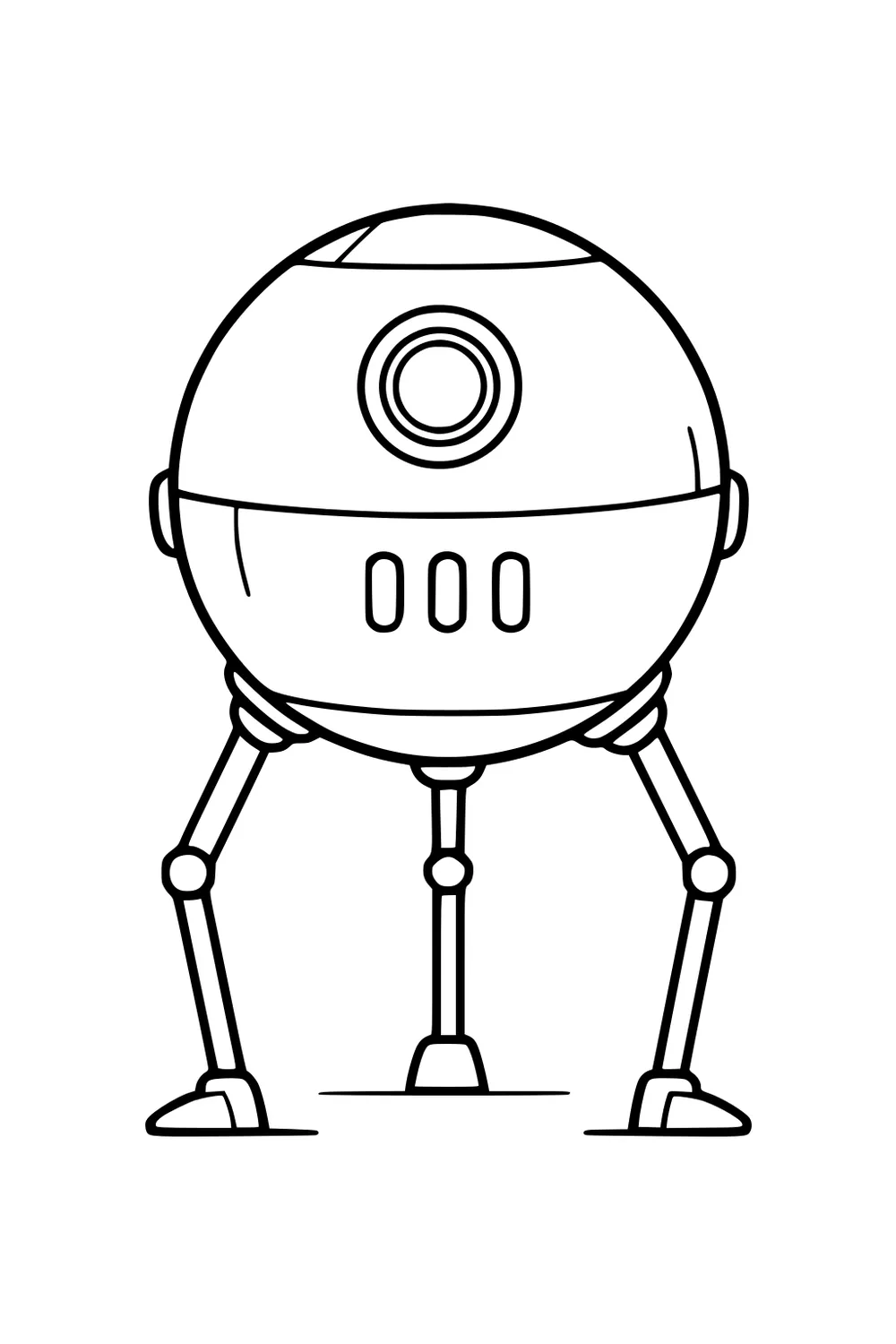 Round tripod robot with one central eye, three vents, dome top, and three jointed legs with foot pads on a simple ground line.