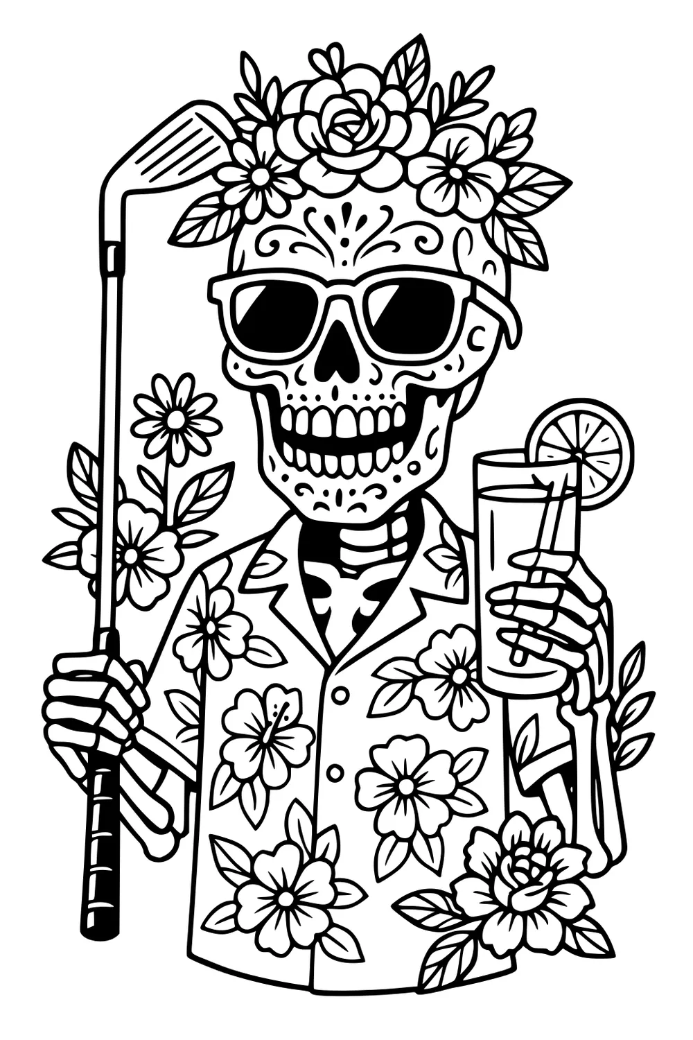 Skeleton in sunglasses with a flower crown and floral shirt holds a golf club and lemonade with lemon slice, surrounded by tropical flowers.