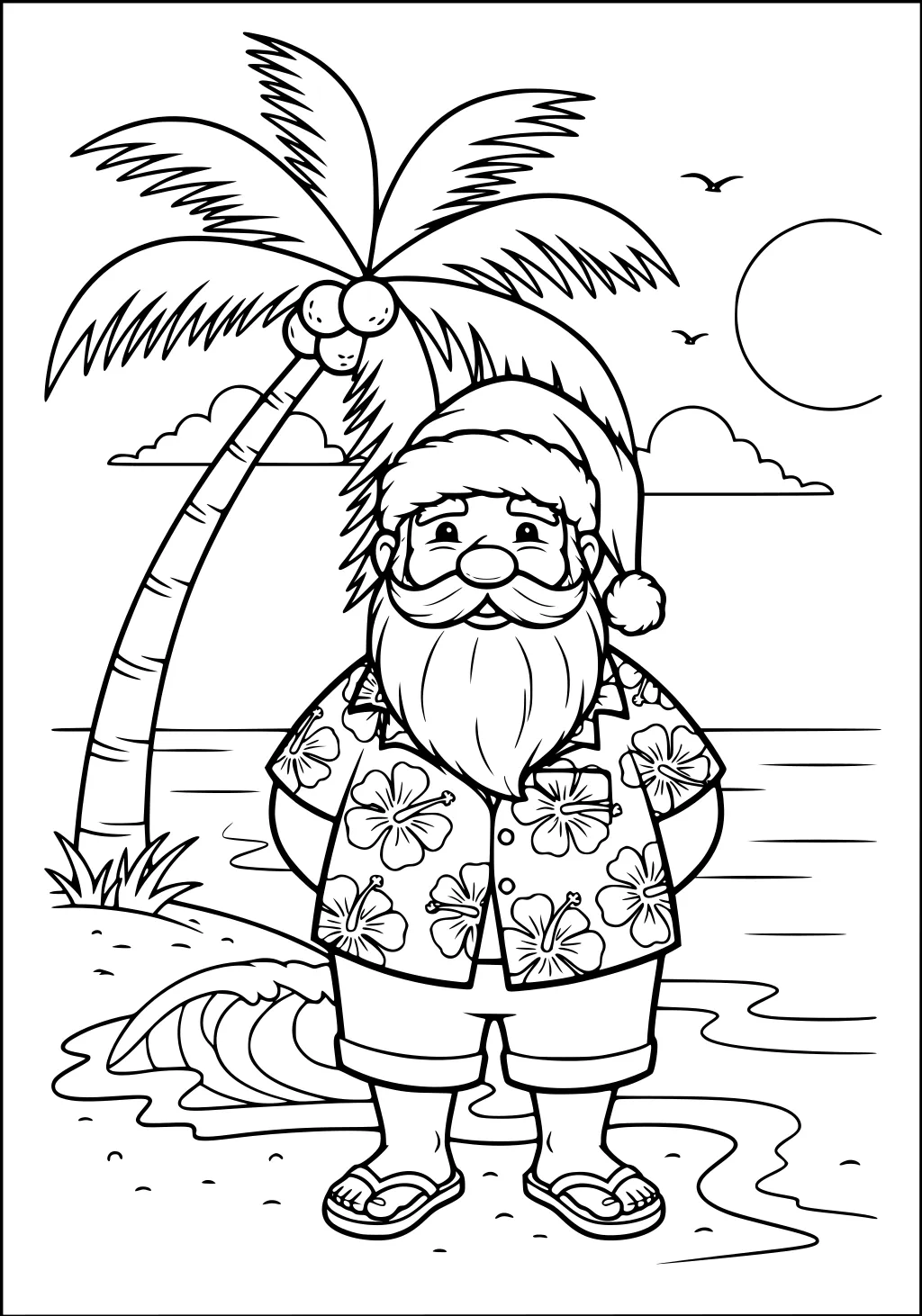 Santa in hibiscus shirt and flip-flops on a tropical beach with palm tree, coconuts, waves, sun, clouds, and birds.
