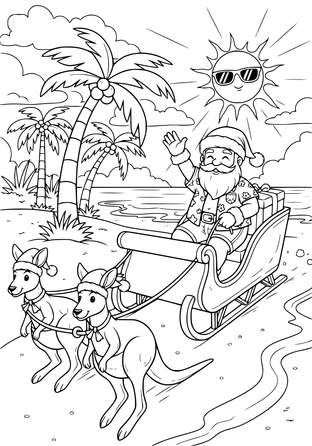 Santa waves from a beach sleigh pulled by two kangaroos in hats, with palm trees, a smiling sunglasses sun, and ocean waves.