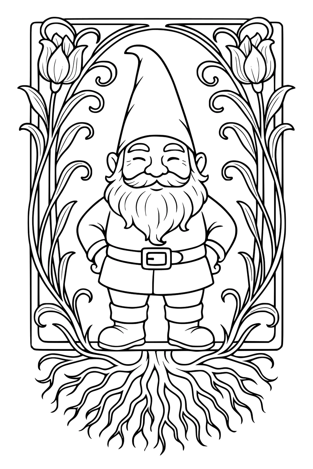 Smiling garden gnome with pointy hat stands in a tulip-framed border; swirling vines and roots spread beneath his boots.