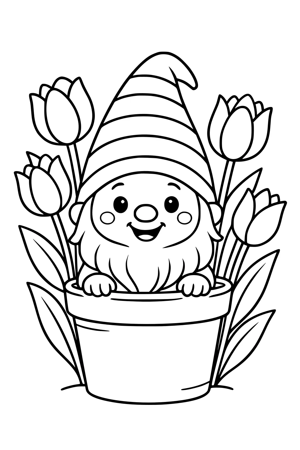Smiling boy gnome with striped hat peeking from a flower pot, surrounded by tulips and leaves, simple bold lines.