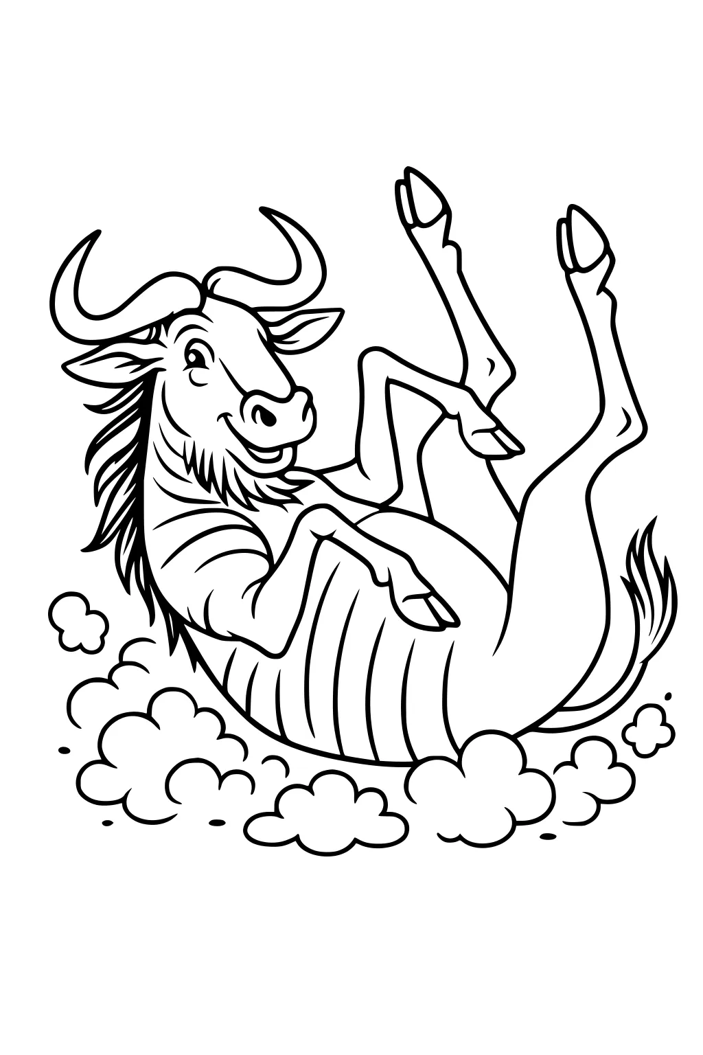 Cartoon wildebeest rolling on its back with hooves up, curved horns, shaggy mane, and puffy dust clouds around.