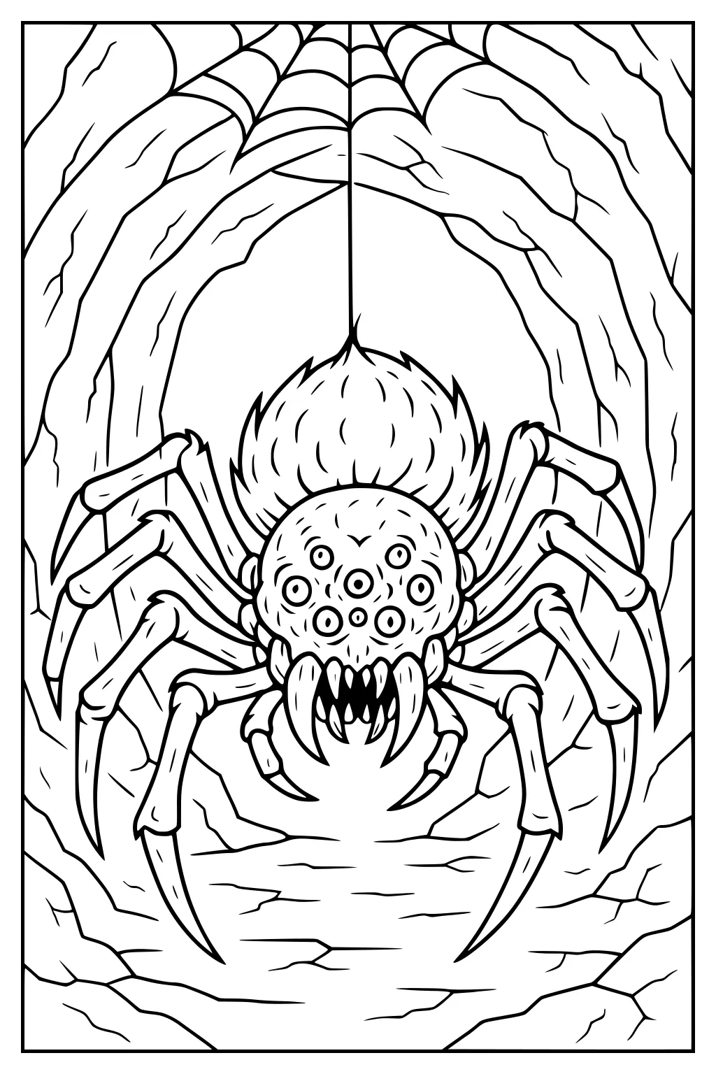 Monster spider with many eyes hangs from a thin web in a rocky cave tunnel, eight legs spread wide.