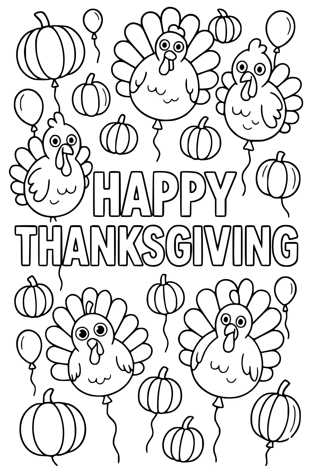 Five turkey balloons with pumpkin balloons around big HAPPY THANKSGIVING letters; simple bold outlines.