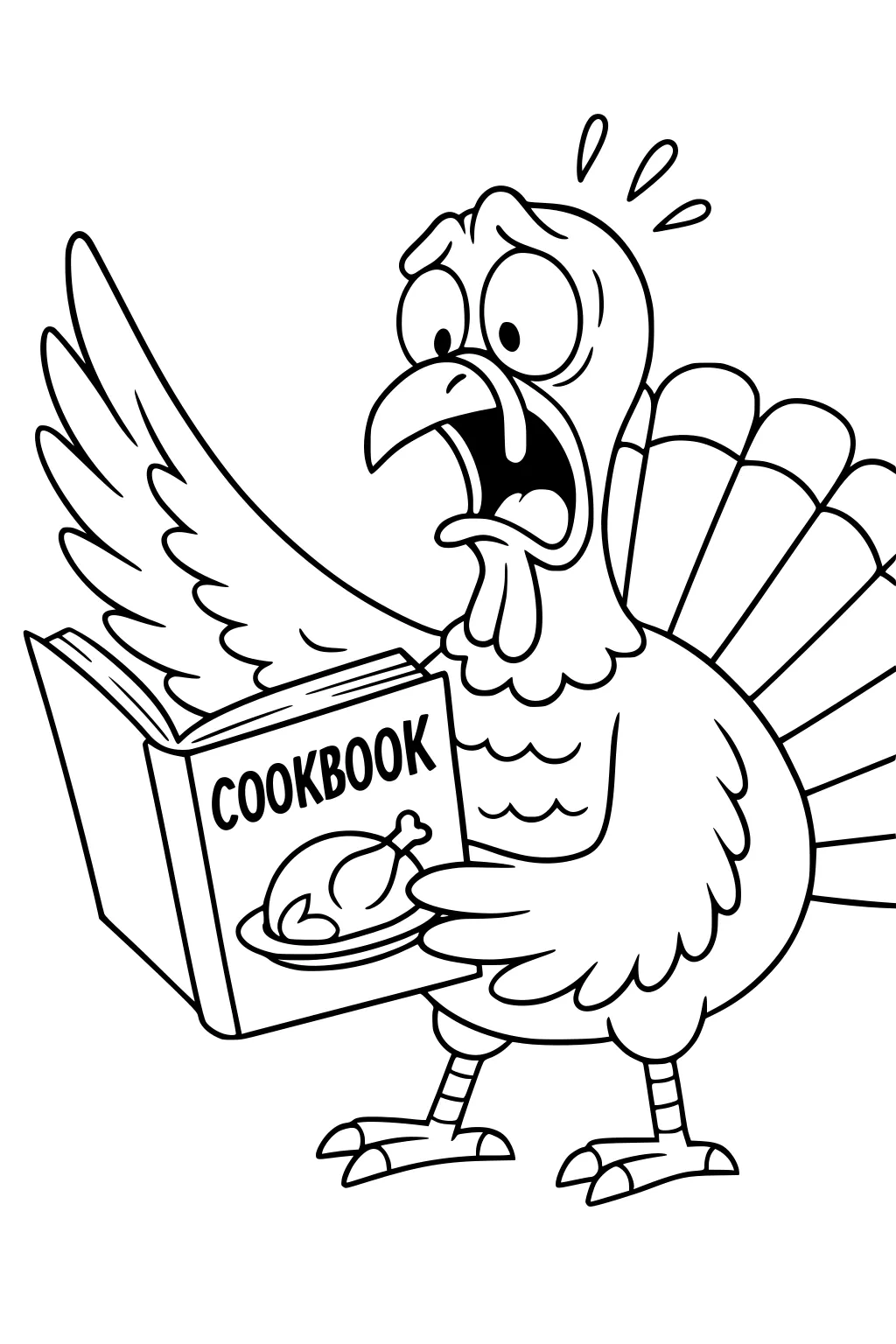 Cartoon turkey with wide eyes holds a cookbook labeled COOKBOOK, mouth open, sweat drops, raised wing, fanned tail feathers.
