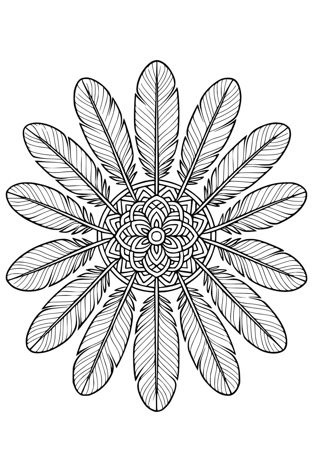 Radial mandala of long feathers around a layered flower center with detailed veins and bold black outlines.