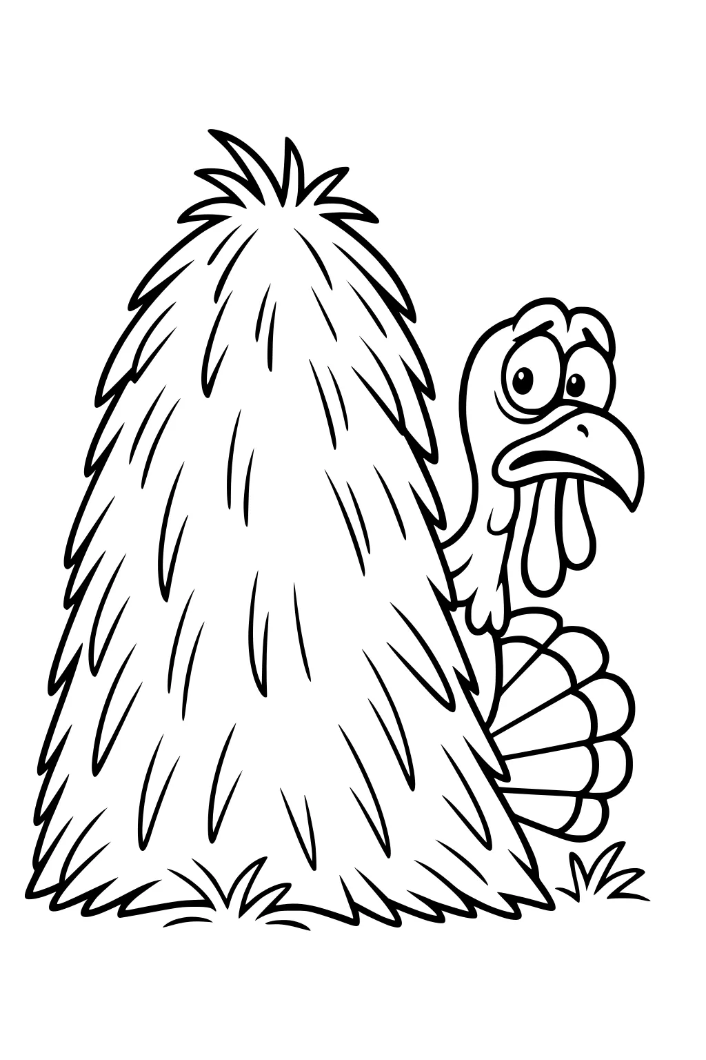 Cartoon turkey peeking from behind a tall haystack, wide eyes and open beak, fan tail feathers showing, with small grass tufts.