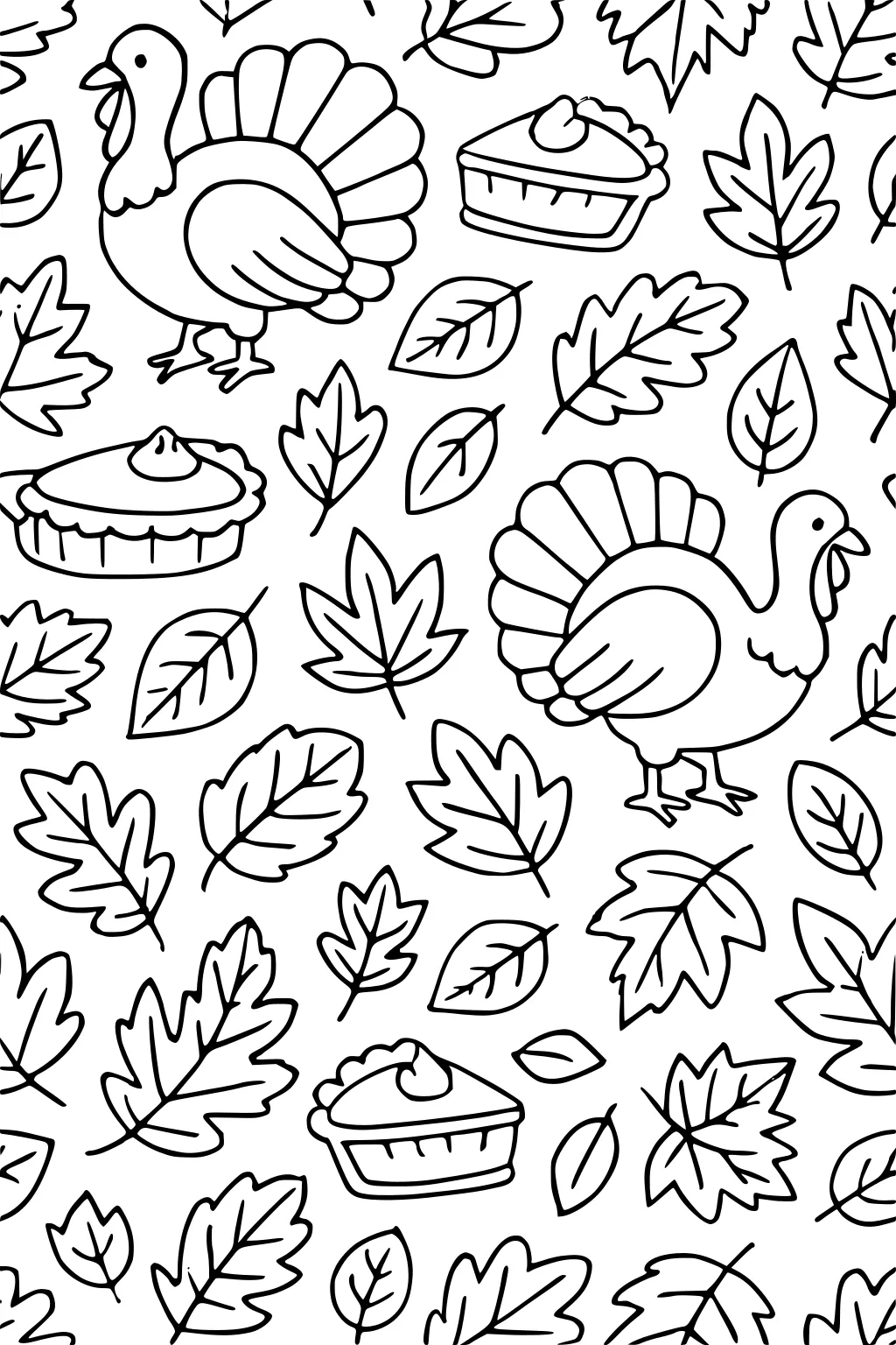 Pattern of cartoon turkeys, pumpkin pie slices and whole pies, with scattered fall leaves for a Thanksgiving theme.