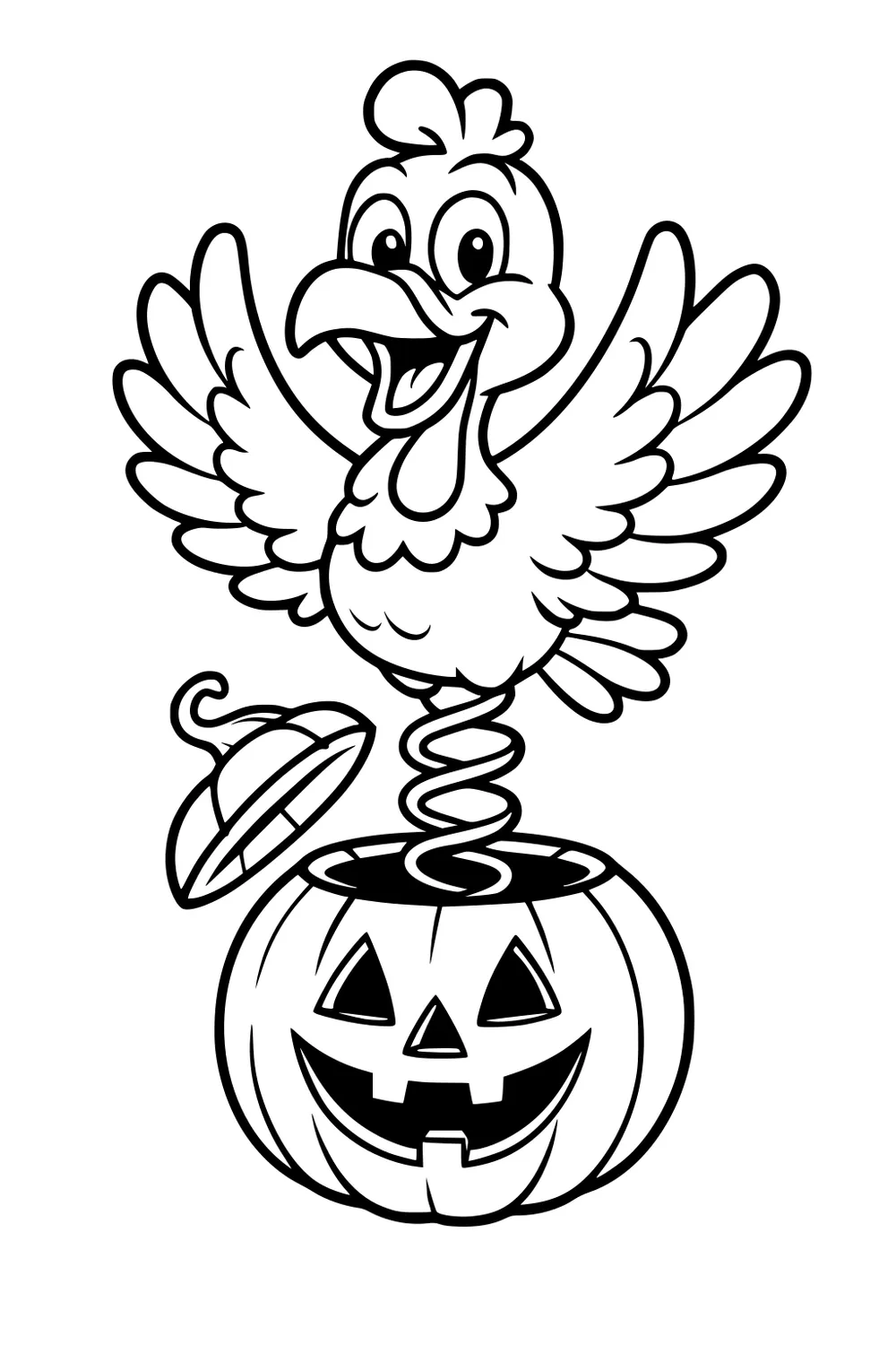 Cartoon turkey on a spring pops from a jack-o-lantern pumpkin, wings spread, beak open, with the pumpkin lid flying to the side.