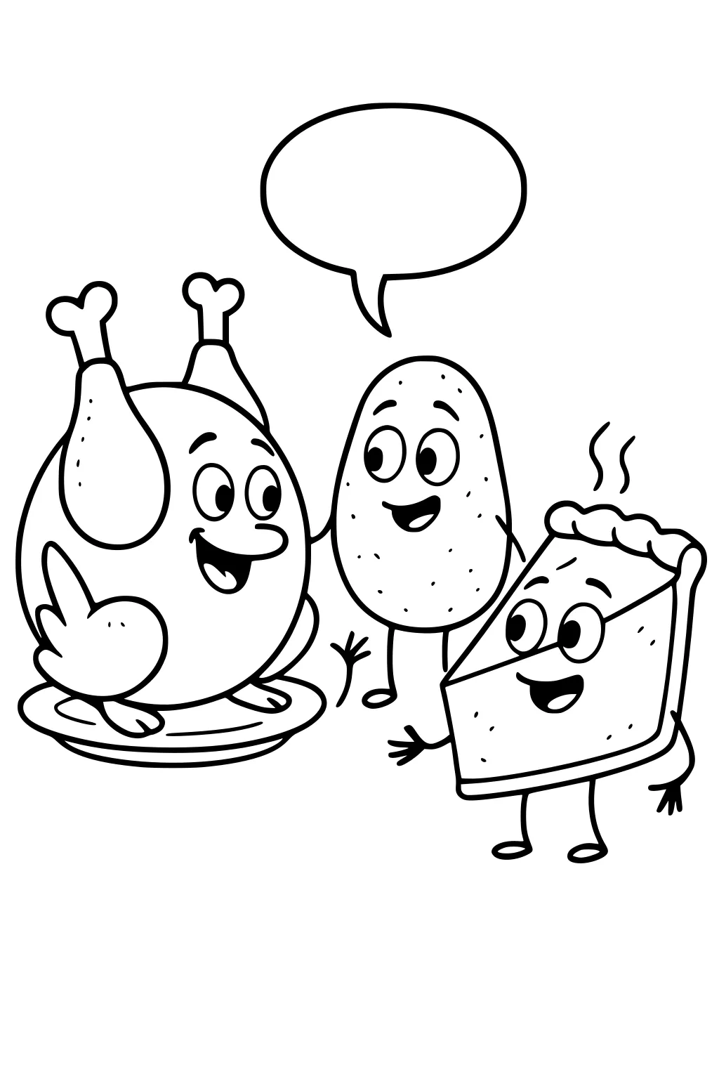 Smiling turkey on a plate with a potato and a steaming pie slice, all with faces and limbs under a blank speech bubble.