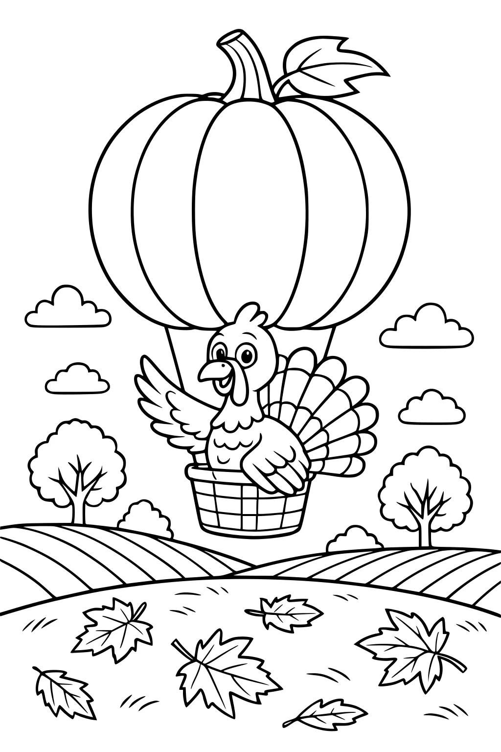 Turkey riding a pumpkin hot air balloon above rolling fields with trees, puffy clouds, and maple leaves scattered on the ground.