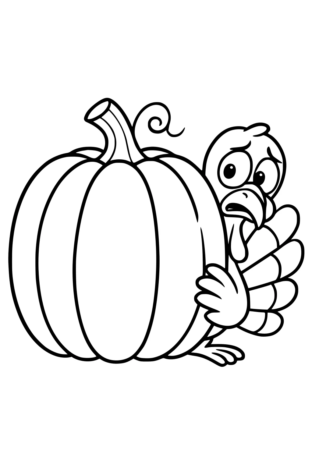 Cartoon turkey peeks from behind a big pumpkin, hugging it with wings, wide-eyed and worried, tail feathers and one foot visible.