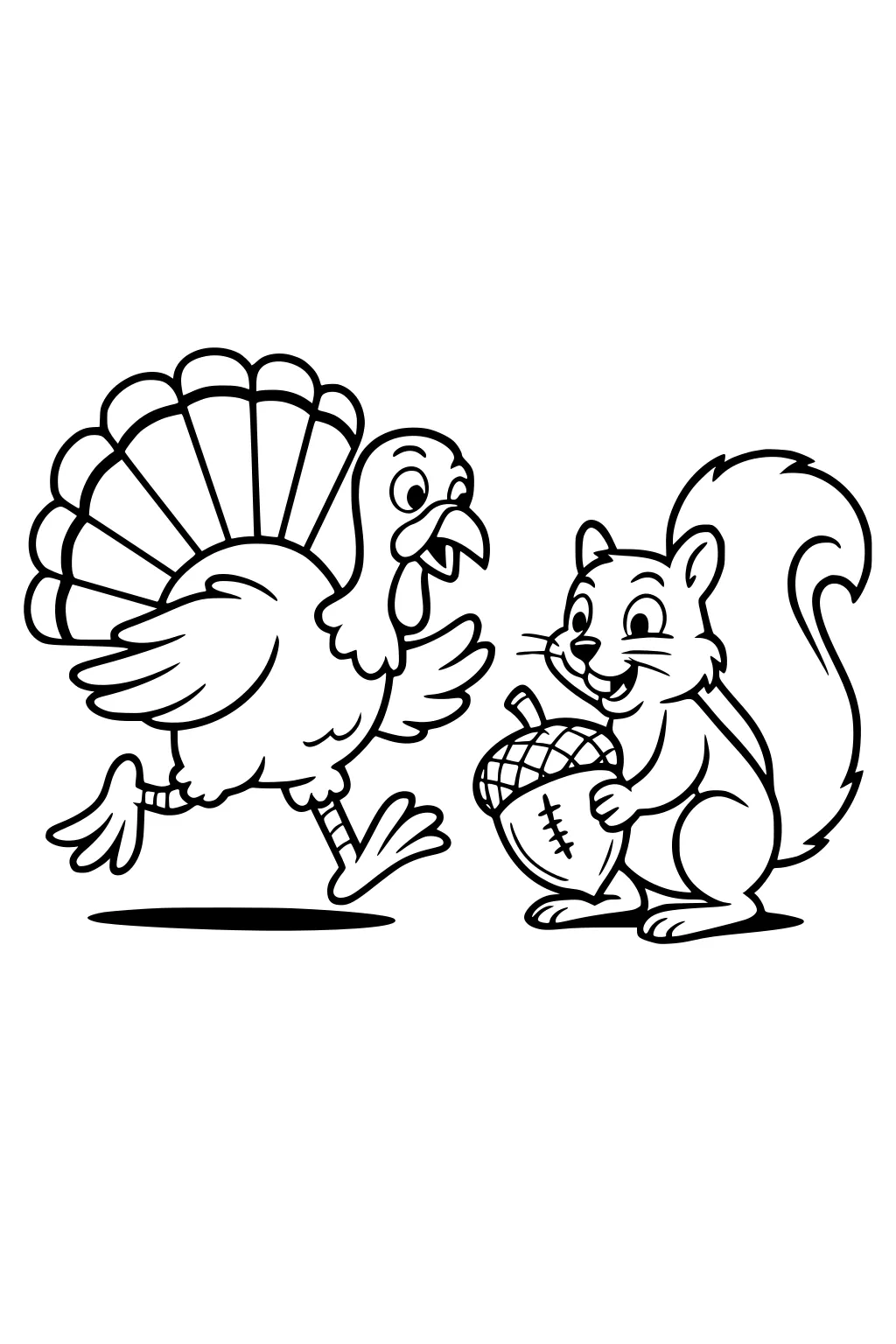 Cartoon turkey runs toward a smiling squirrel holding a giant acorn with football-style stitching; bold outlines with simple ground shadows.