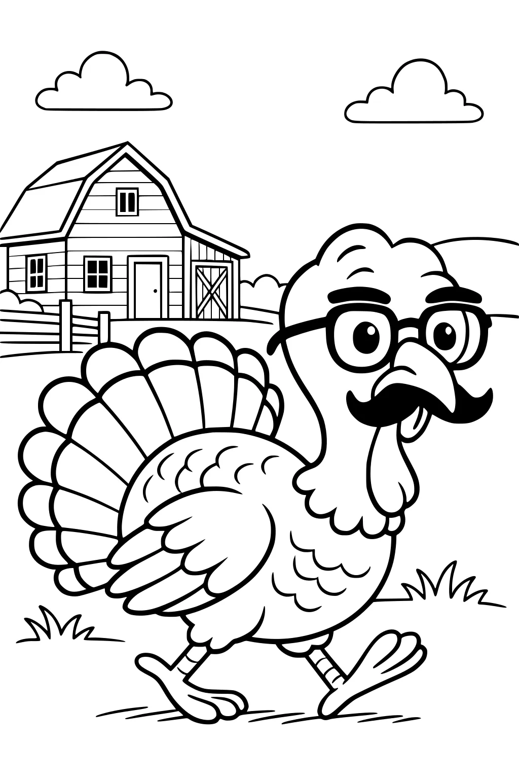 Cartoon turkey with glasses and mustache walking by a barn and fence, tail fanned, with clouds and grass in a farm scene.
