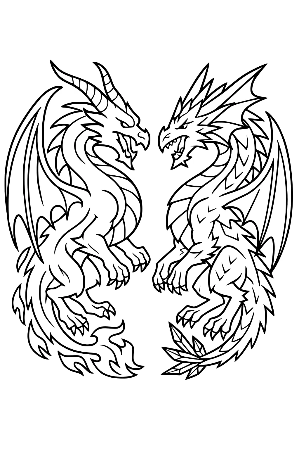 Two dragons face each other in a circle, wings spread, horns and scales shown, one flame tail and one spiky tail, line art.
