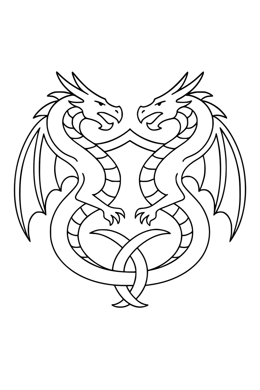 Two mirrored dragons with wings, horns back, claws almost touching, tails tied in a knot, bold black outlines on white.