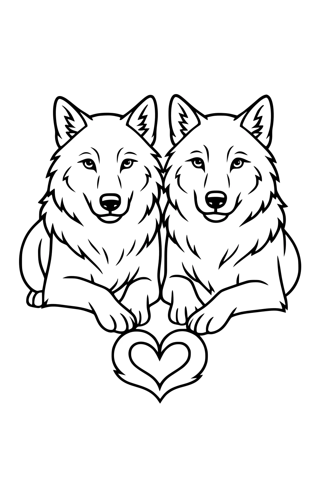 Two wolves lying side by side with paws forward and a heart between them in simple line art.