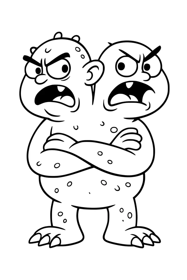 Free Two-Headed Monster Coloring Page - Grumpy Cartoon Creature (Printable PDF)