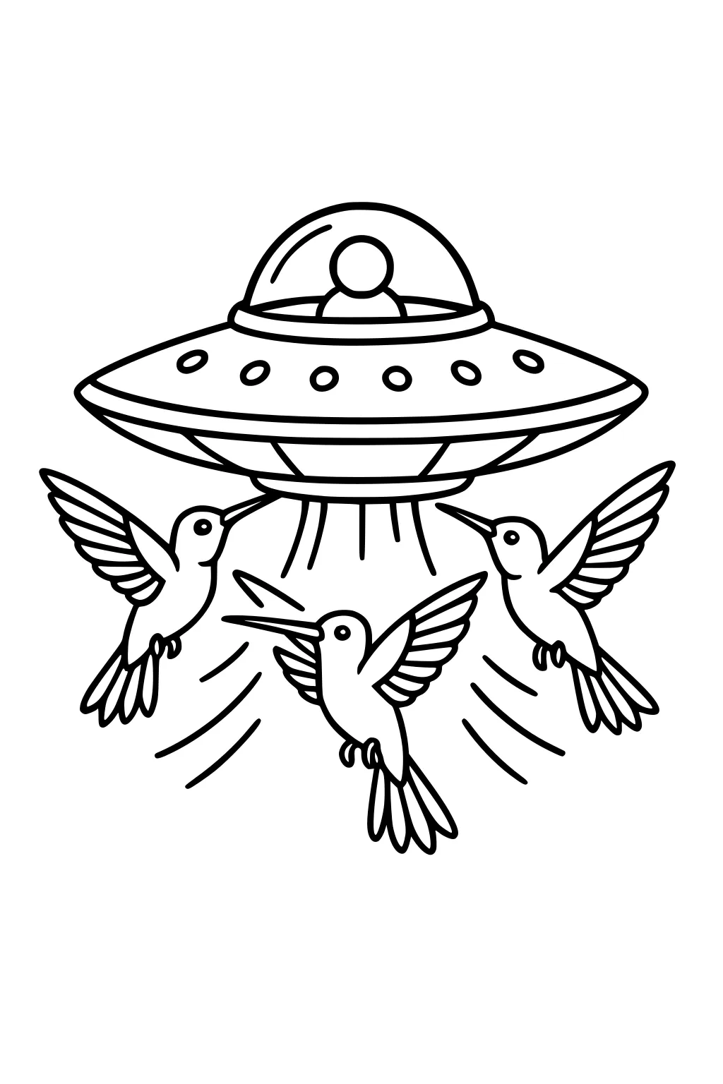 Cartoon UFO with small alien in dome shining beams while three hummingbirds hover around it with spread wings.