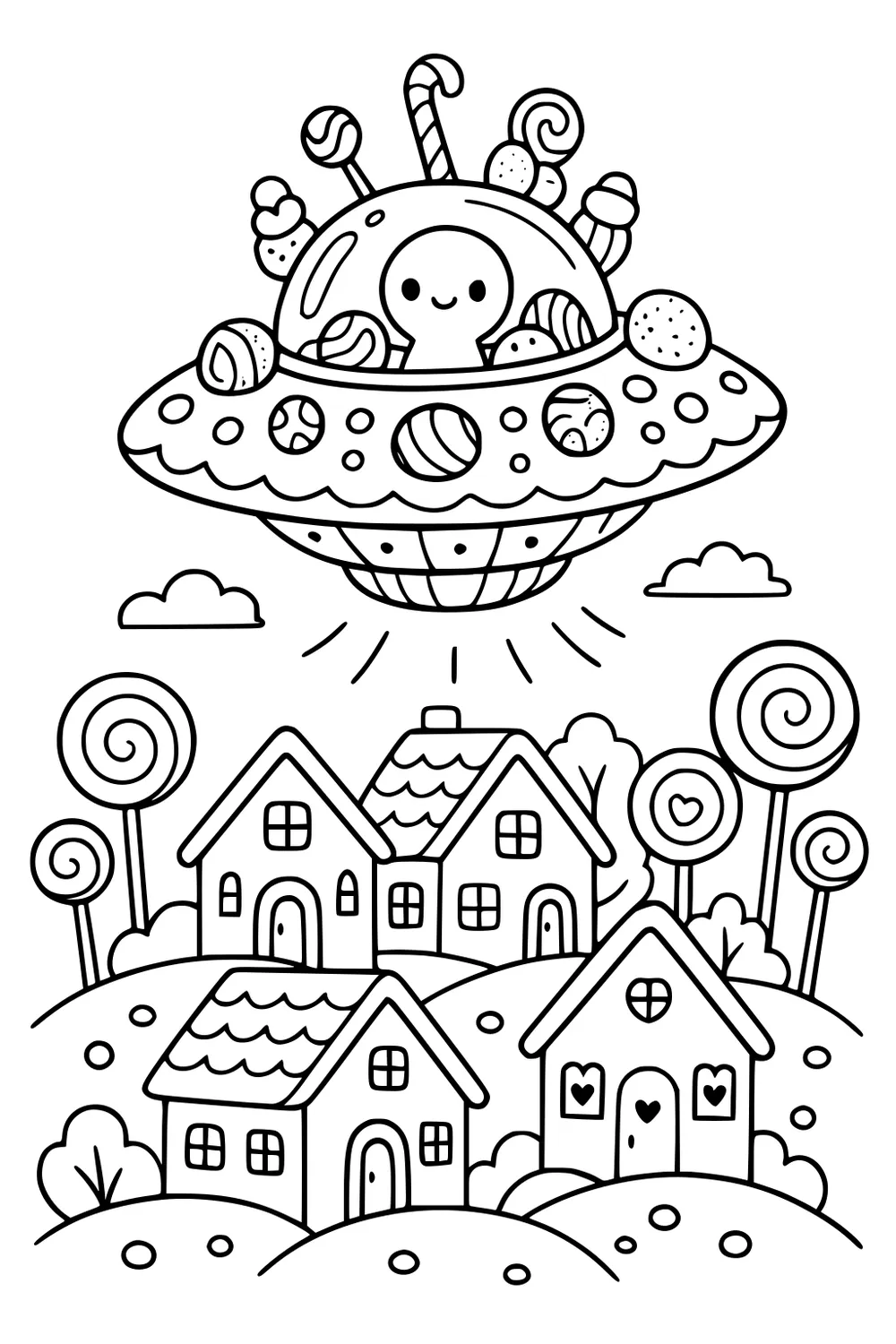 Smiling alien in candy-topped UFO hovering over small houses, lollipop trees, and clouds, with light rays beneath the saucer.