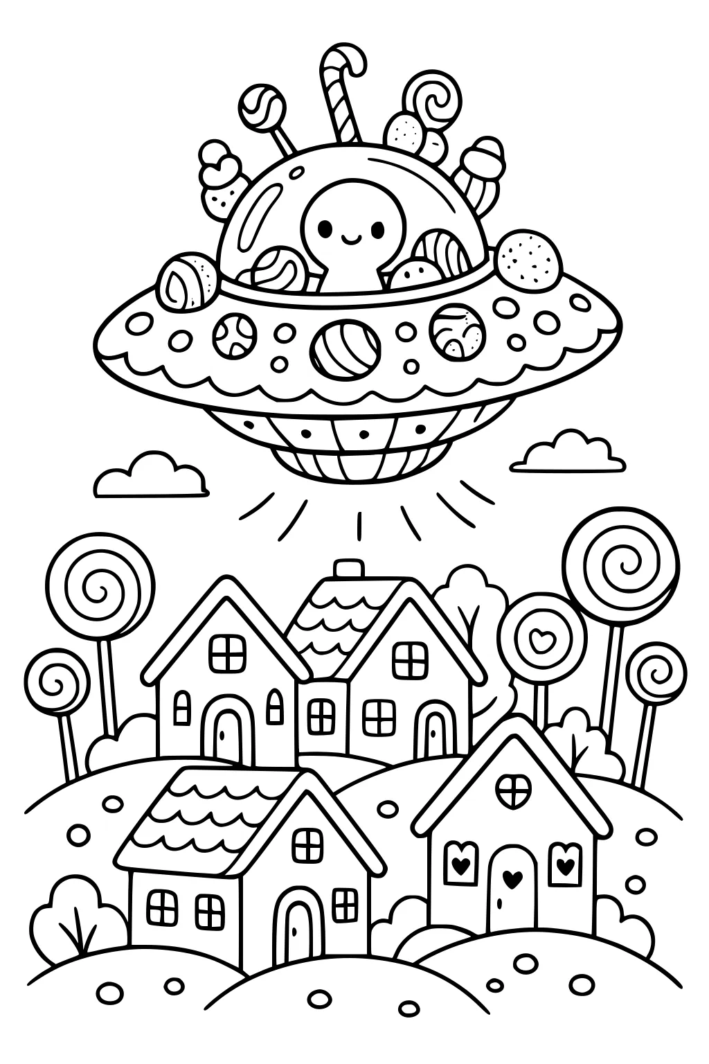 Smiling alien in candy-topped UFO hovering over small houses, lollipop trees, and clouds, with light rays beneath the saucer.
