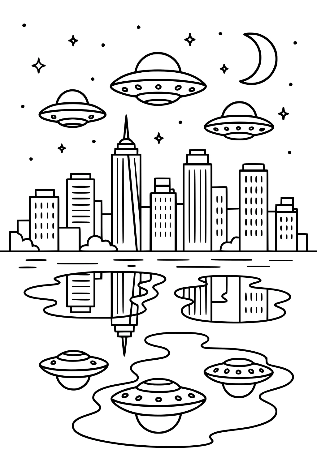 Night city skyline with five UFOs, crescent moon, stars, and rippling water reflections in bold line art.
