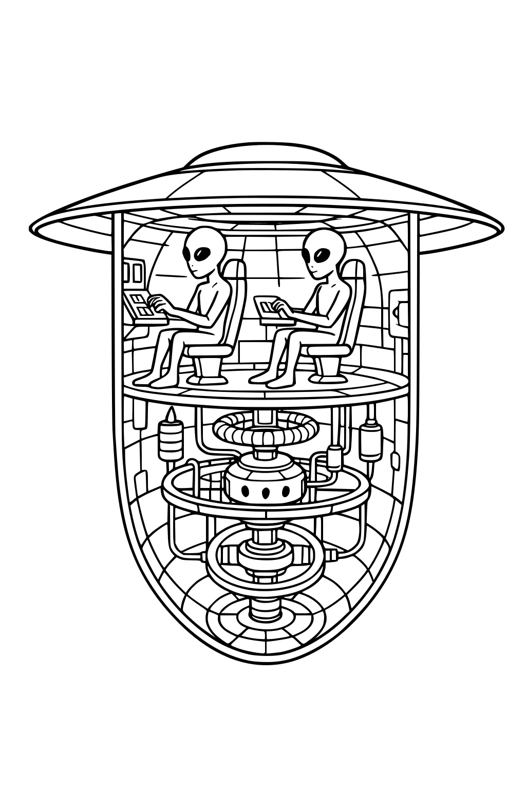 Cutaway UFO with two aliens at control panels above a ringed engine of coils, pipes, and tanks inside a round saucer hull.