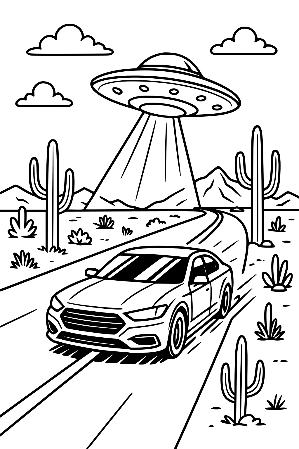 UFO beams light over a desert road while a sedan speeds past tall cacti, with mountains and puffy clouds behind.