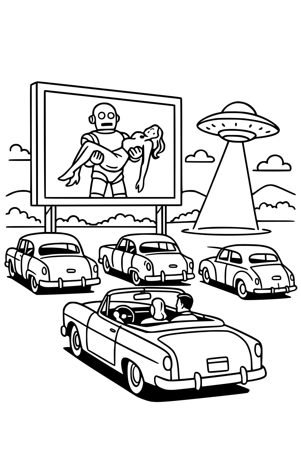 Drive-in with classic cars, big screen showing robot carrying a woman, and a nearby UFO shining a beam onto the ground.