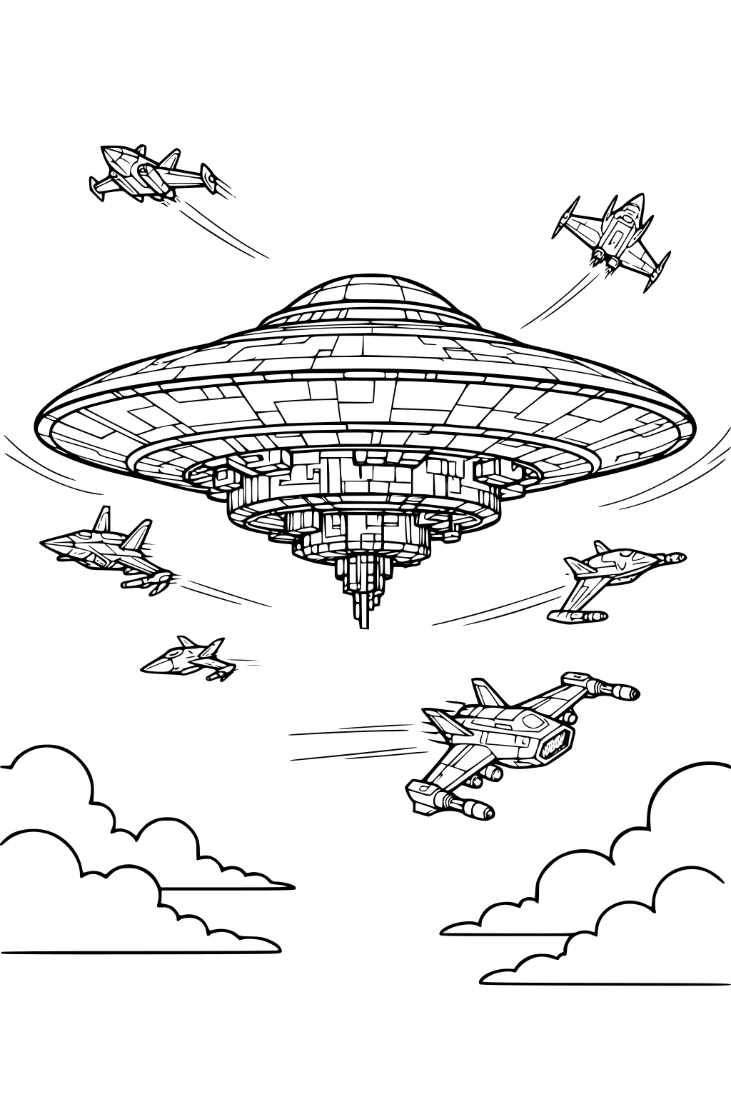 Large UFO saucer over clouds with six jets and red thrusters zipping around it, shown with bold outlines and motion lines.