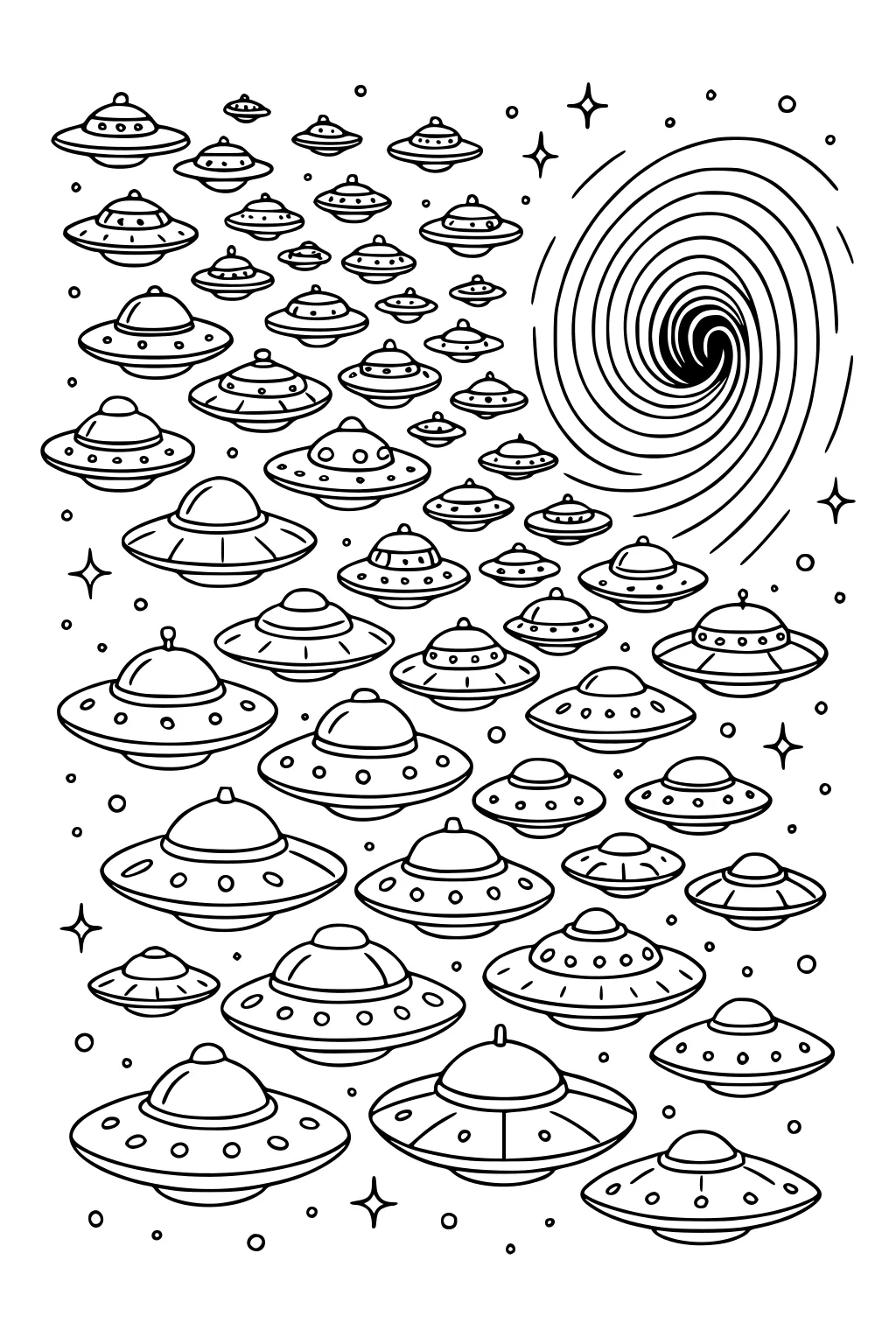 Dozens of cartoon UFO flying saucers in space with stars and a large spiral portal on the right.