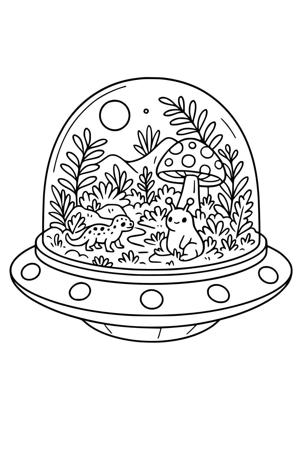 UFO with glass dome terrarium, alien boy with antennae, spotted lizard, leafy plants, hills, moon, and a big spotted mushroom.