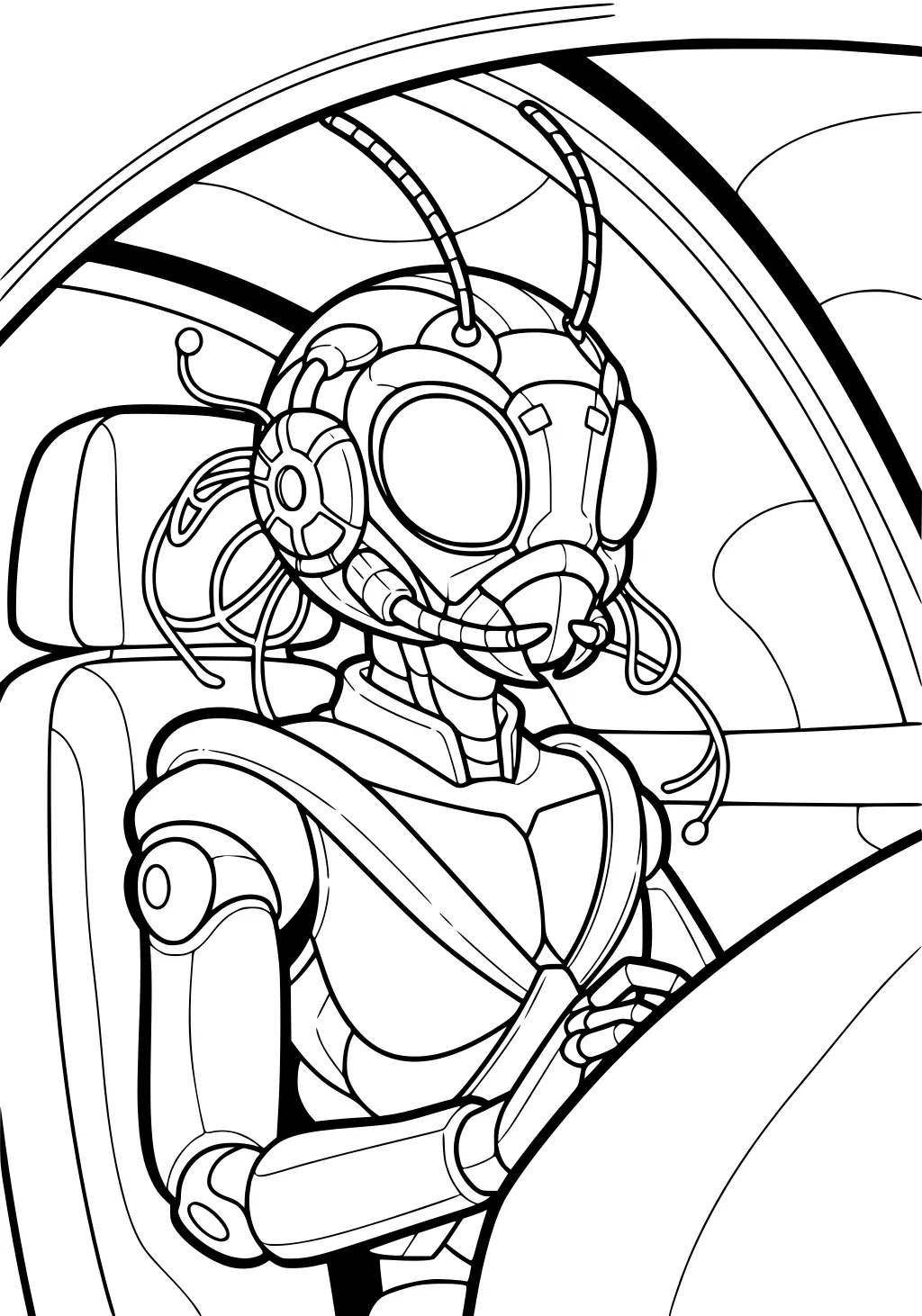 Girl alien pilot with antennas and tubes steering a UFO inside a domed cockpit, seat belt across her suit.