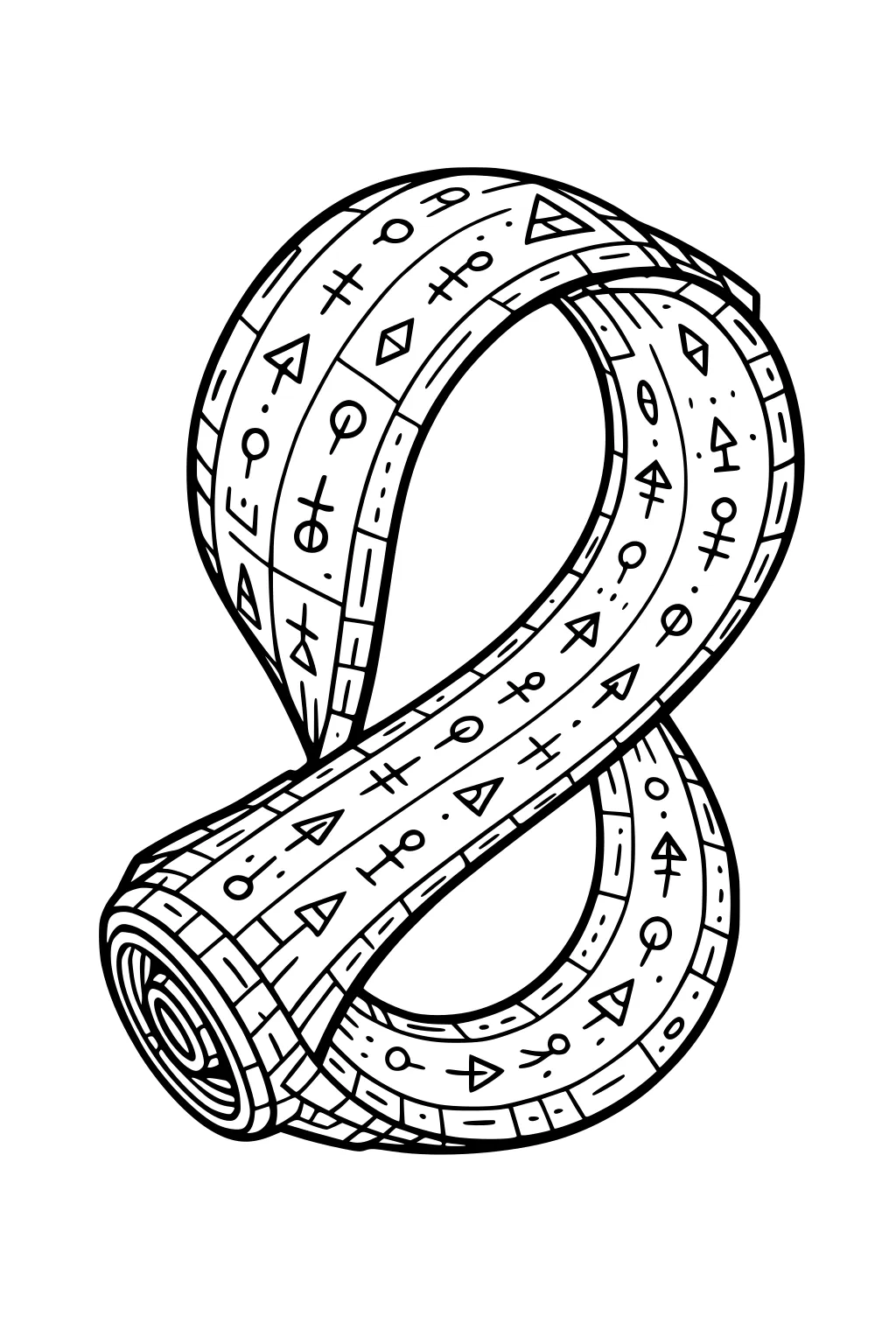 Looped ribbon-like alien space ring with panels and scattered symbols, shaped like a figure-eight.