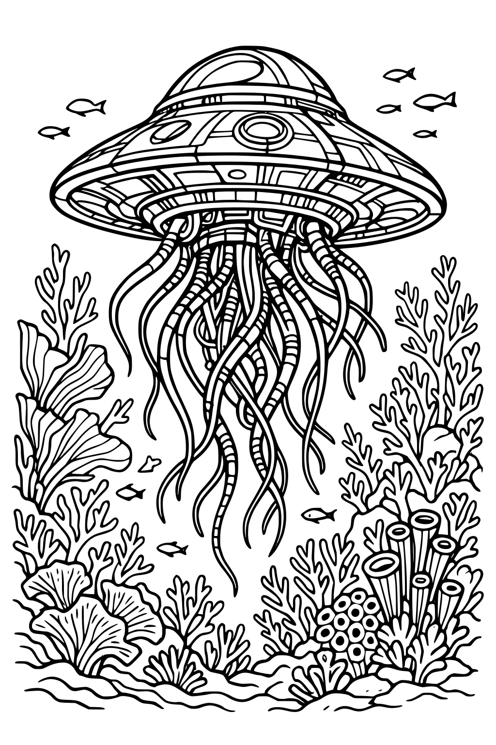 Jellyfish-like UFO with many tentacles over a coral reef, with small fish, sea plants, and tube sponges in underwater scene.