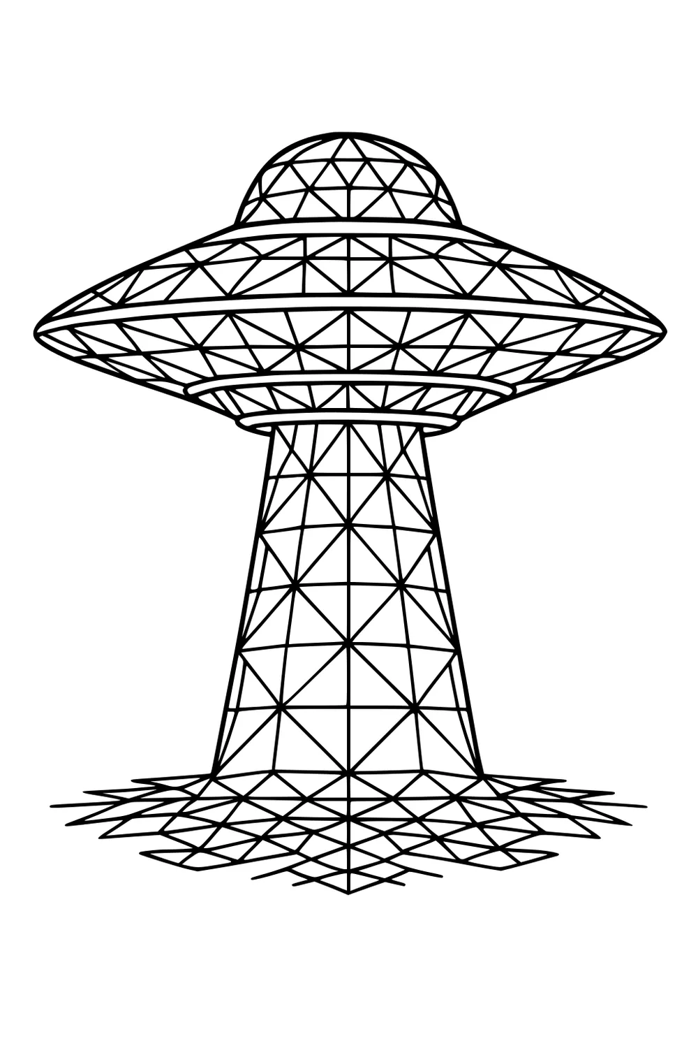 UFO with domed top and wide saucer sending a triangular lattice beam to the ground, black outlines, blank background.