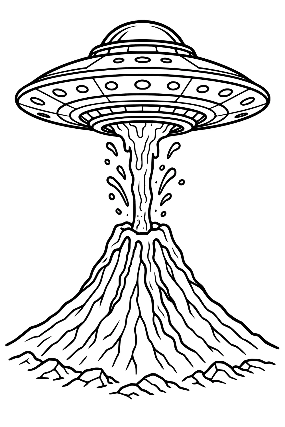 Flying saucer hovers over a volcano, using a beam to pull lava upward, with splashes and rocky hills around the base.