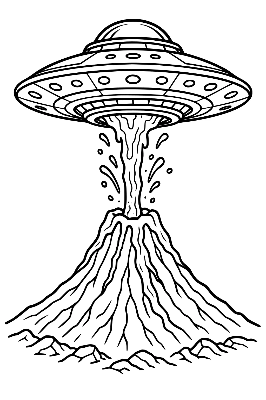 Flying saucer hovers over a volcano, using a beam to pull lava upward, with splashes and rocky hills around the base.