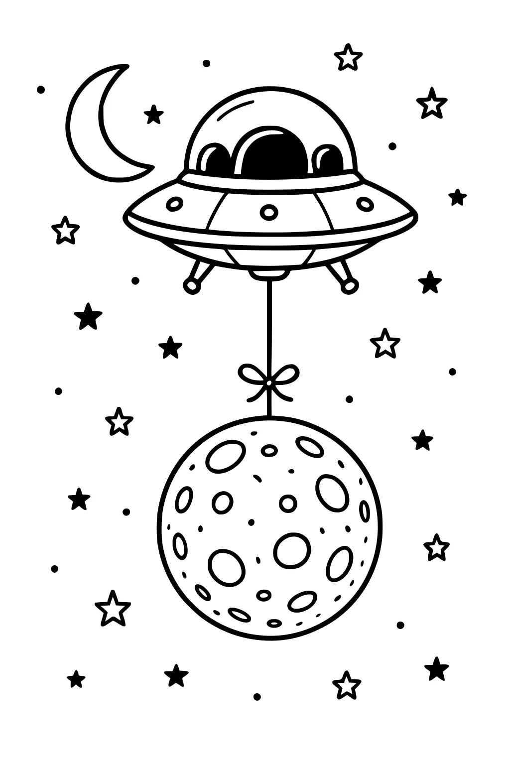UFO hovers in space, towing a cratered moon like a balloon on a bow-tied string, with stars and a crescent moon around.