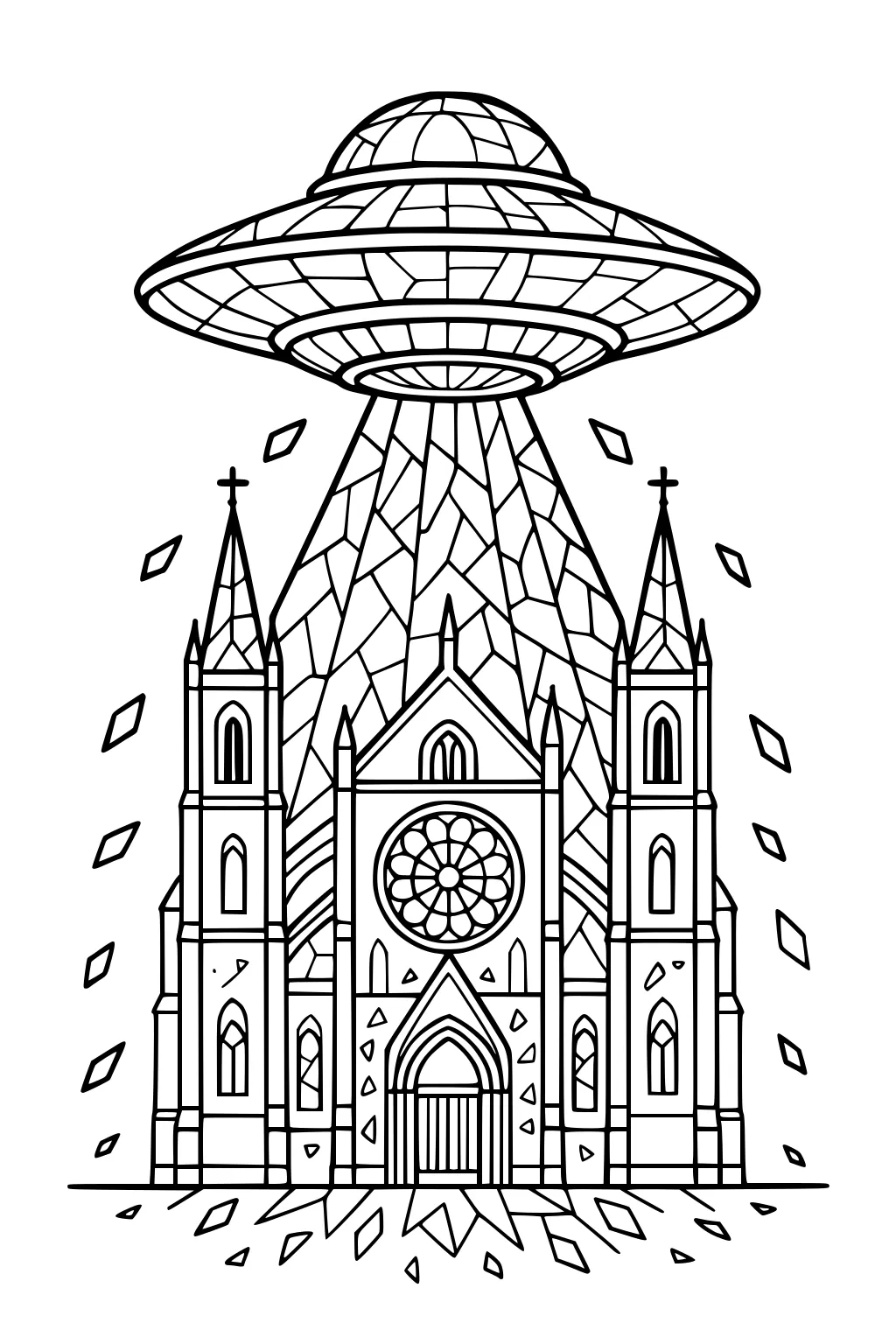 UFO over a gothic cathedral, casting a geometric beam with shards around two tall spires and a central rose window.