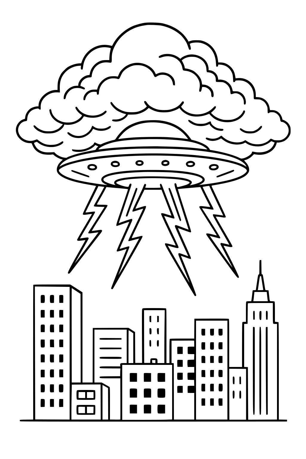 UFO under a thick cloud shoots lightning over a city skyline with tall buildings, square windows, and a tall spire.