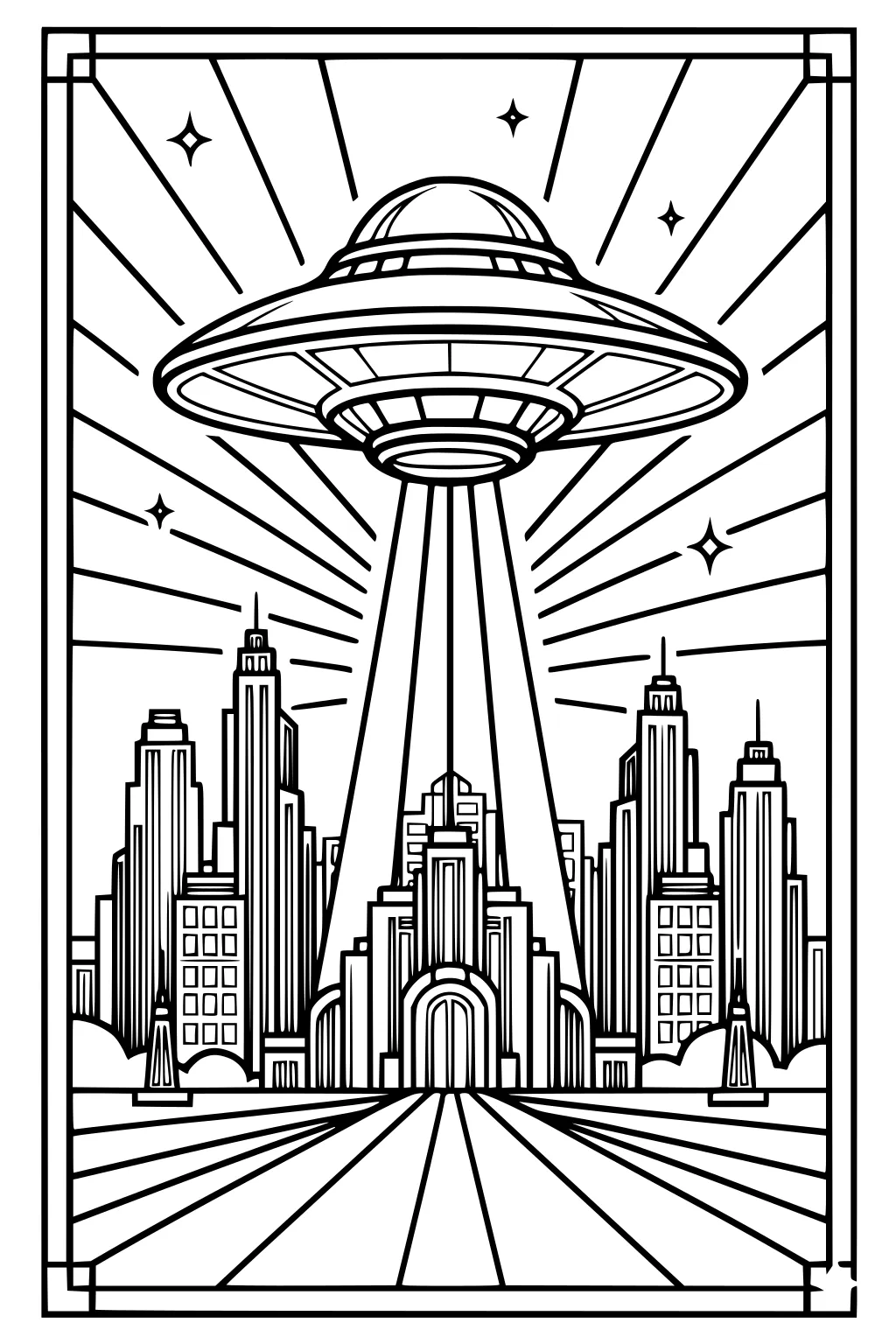 UFO hovers above an art deco city, twin beams on a central arched building, with stars and radiating lines in the sky.
