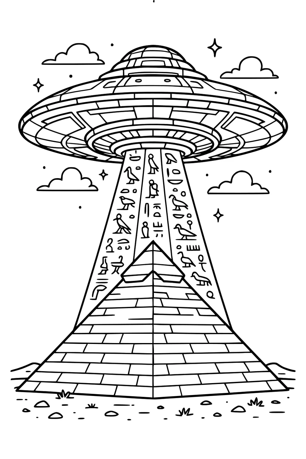 UFO above an Egyptian pyramid, beam filled with hieroglyphs, with stars, clouds, and small desert rocks in the background.