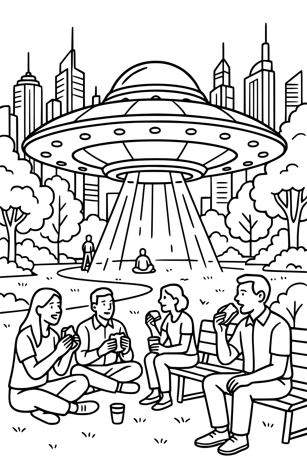 UFO hovering over city park with light beam; two women and two men eating, trees and skyscrapers behind.