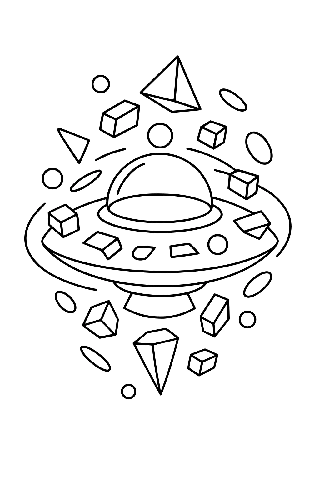 UFO saucer with domed top and ring, surrounded by floating cubes, pyramids, circles, and ovals in simple black line art.